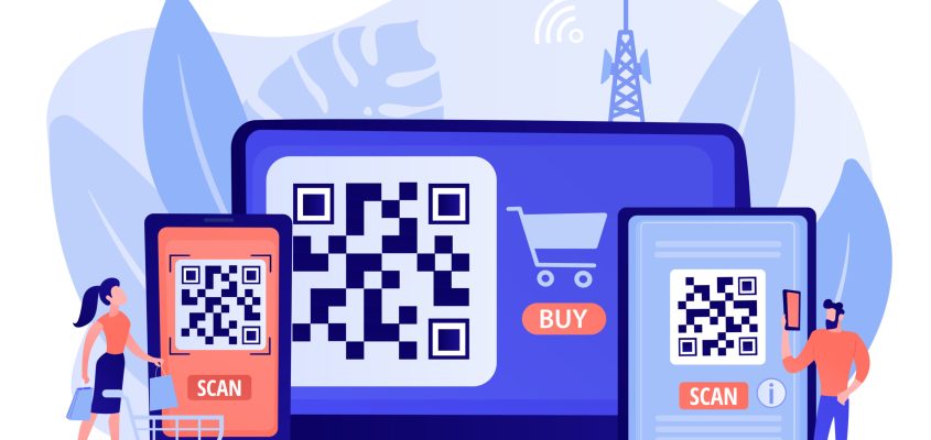 Barcode reading app, qrcode reader epayment transaction application. QR code scanner, QR generator online, QR code payment concept. Pinkish coral bluevector isolated illustration